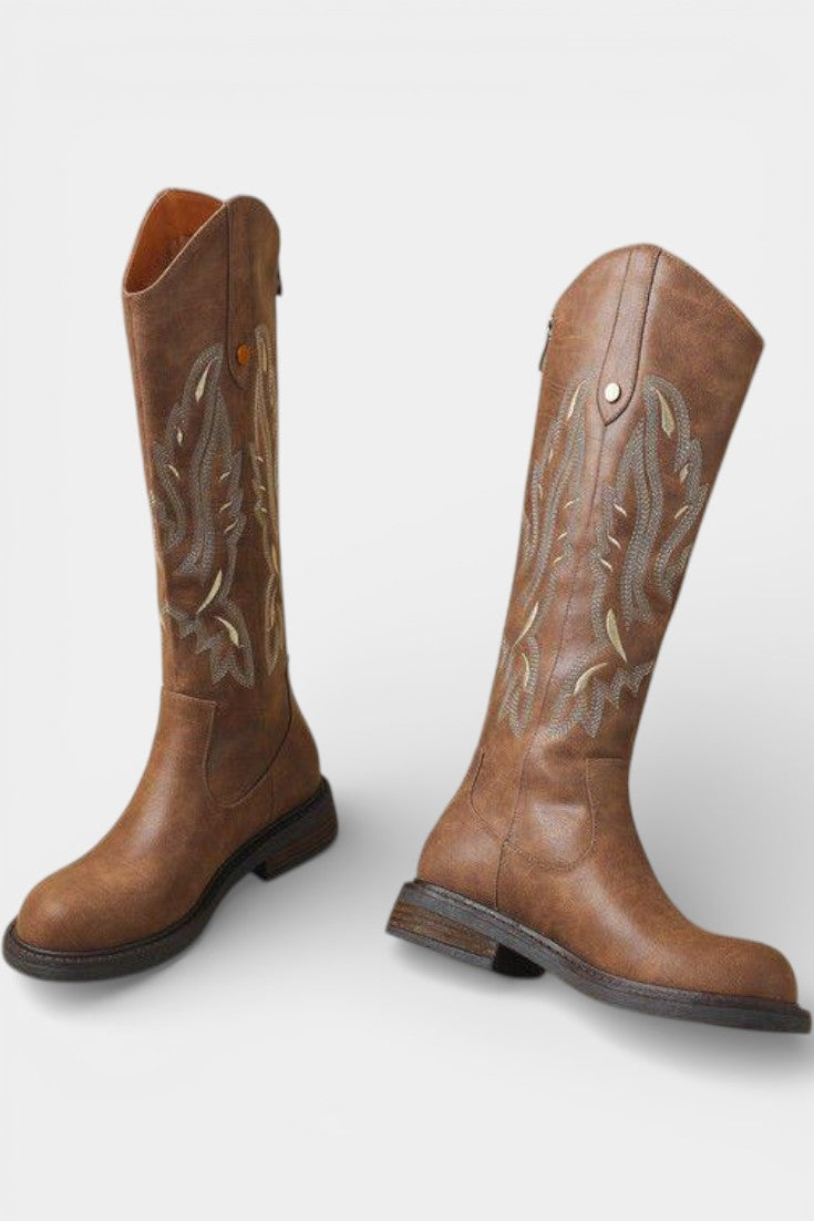 Elaina™ | Embroidered Back Zipper Tall Boots