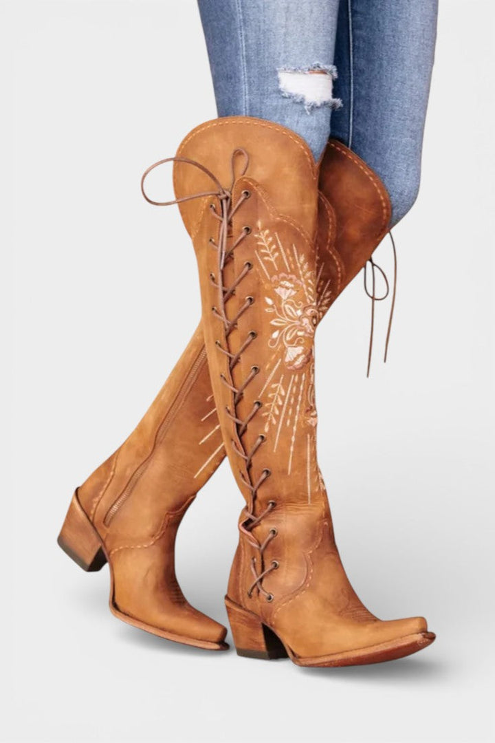 Eloise™ | Vintage Western Embroidered Lace-Up Boots