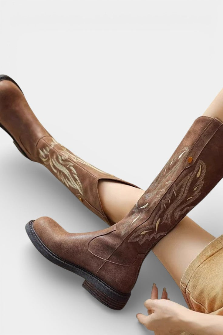 Elaina™ | Embroidered Back Zipper Tall Boots