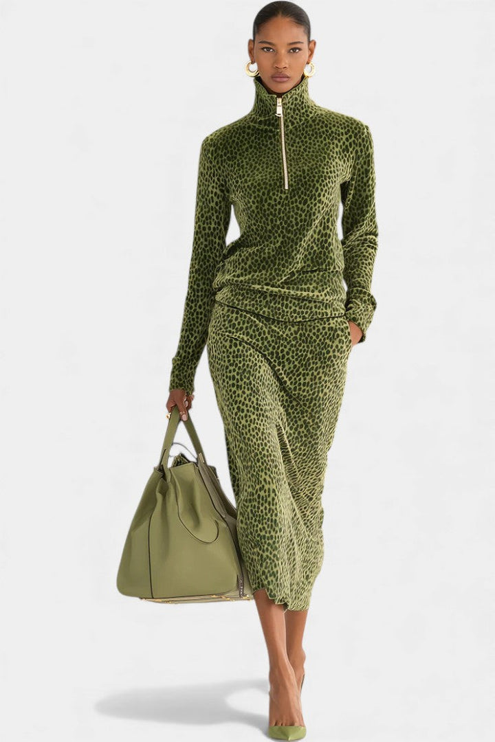 Madeline™ | Retro Leopard Print High Collar Two-Piece Set