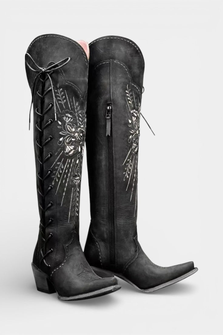 Eloise™ | Vintage Western Embroidered Lace-Up Boots