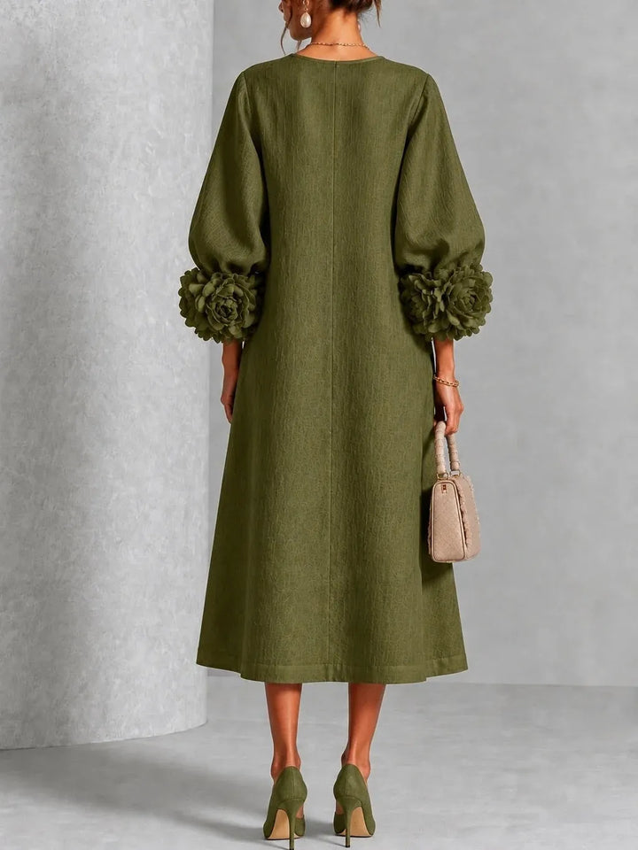 IVY™ | Floral Midi Dress with Rose-Cuff Sleeves